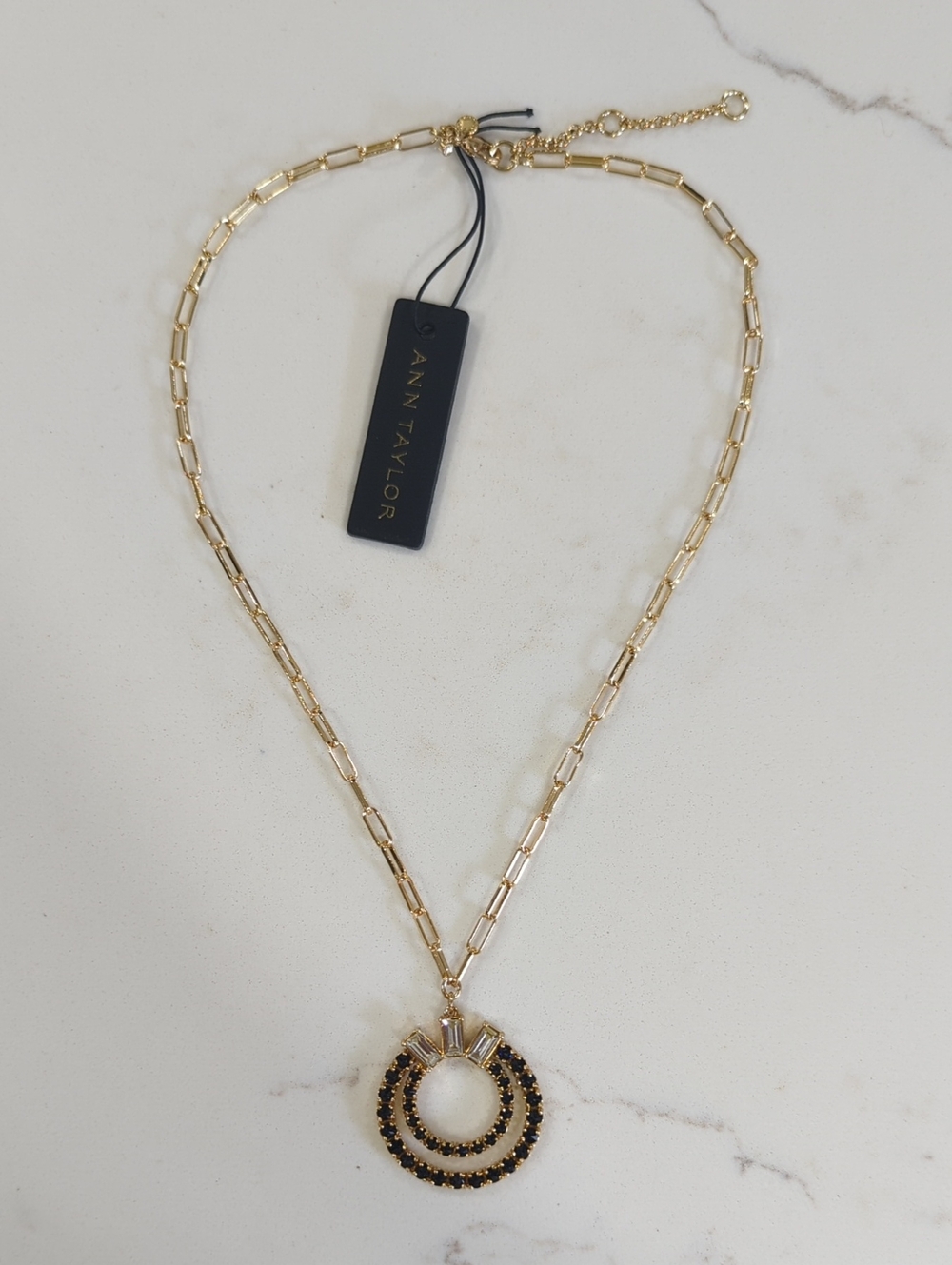 Ann Taylor Gold Necklace with Clear and Black Crystal Double Circle Pendant